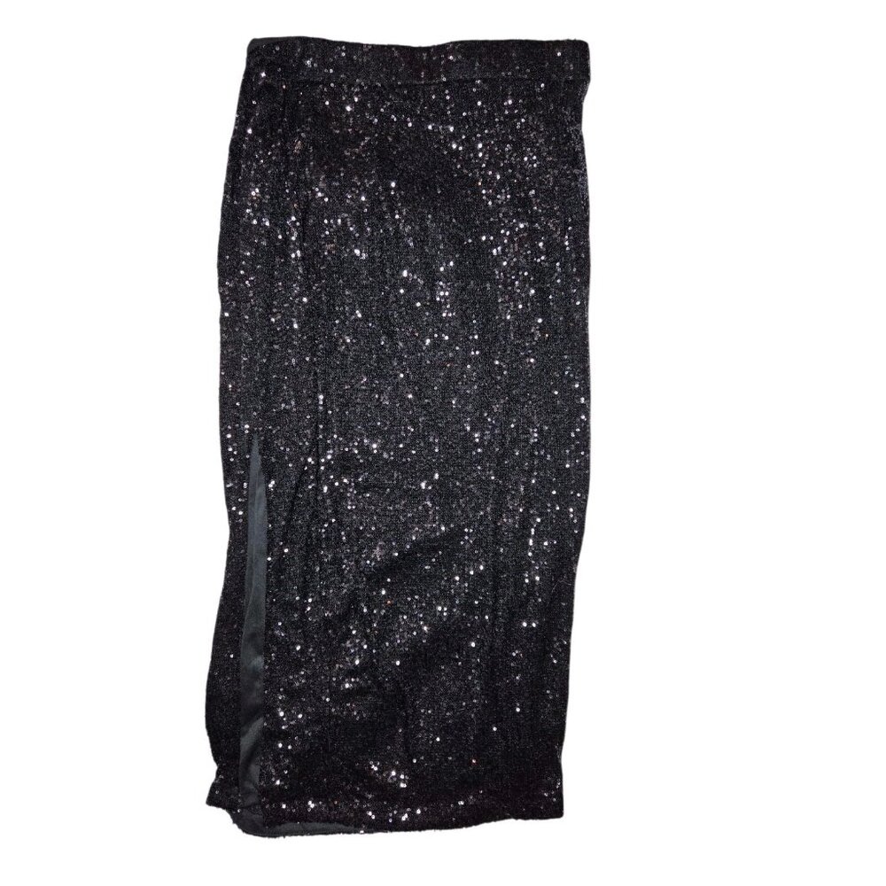 Rachel Zoe Black Sequins Maxi Skirt Ruched Side Slit Pull On M NWOT - Picture 3 of 7